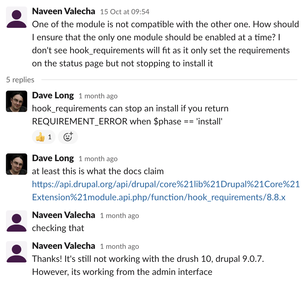 Naveen asking a question in the Drupal #contribute Slack channel