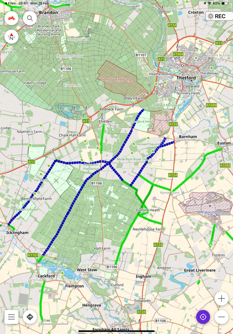 Screenshot of OsmAnd app on iPad showing green and blue checked lines that follow full-access and temporary-to tracks
