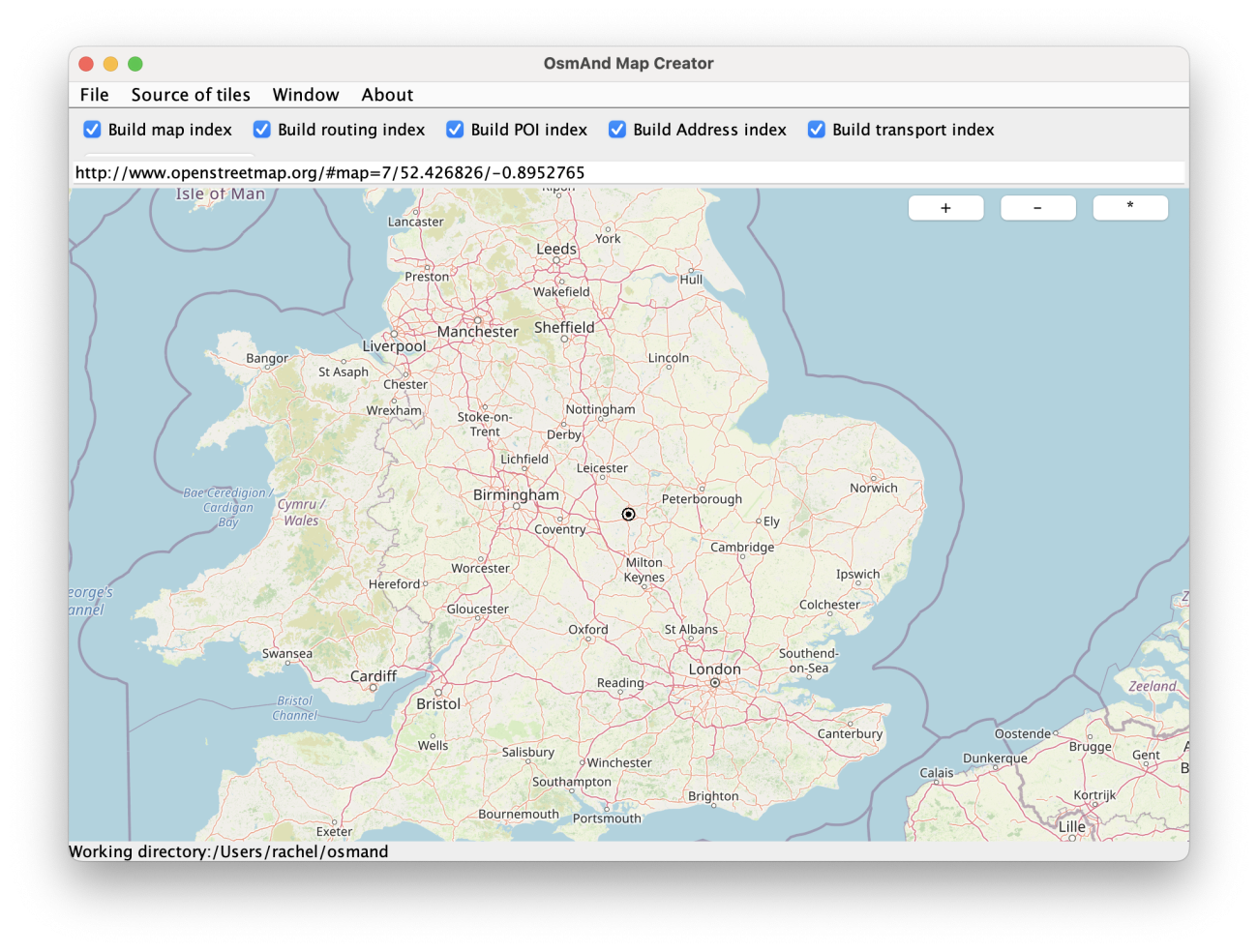 Screenshot of OsmAndMapCreator, showing a map of the UK